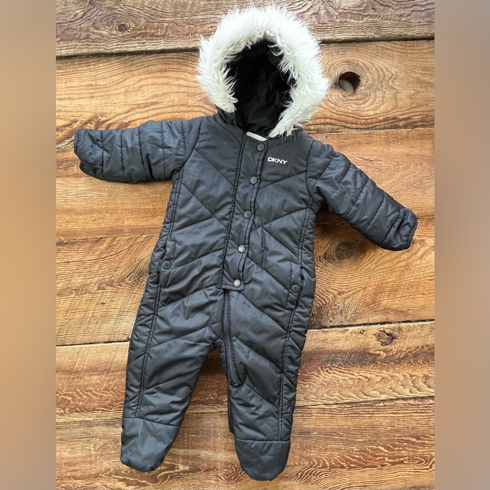 DKNY 6-9M Black Baby Snowsuit with Fur Trim